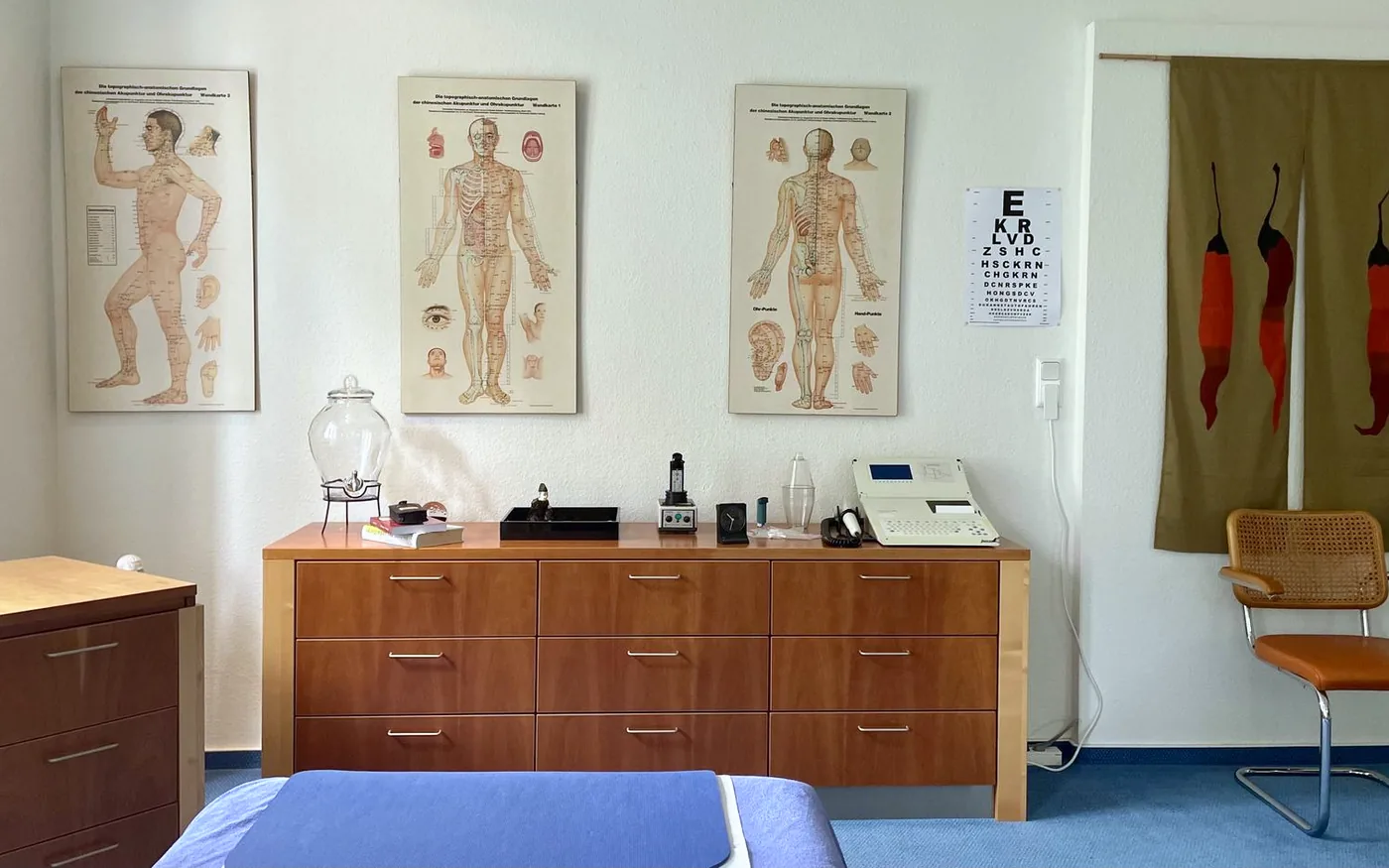 Behandlungsraum mit Anatomietafeln, Behandlungsliege und Sideboard